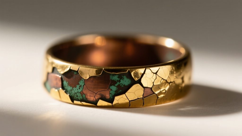 Macro shot of a tarnished brass ring showing flaking gold flash-plating revealing the dark oxidized copper base metal underneath