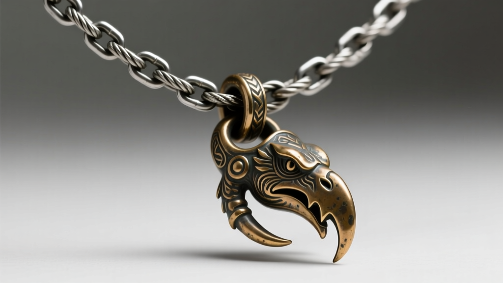 Close-up of a 4mm steel rope chain passing through the bail of a bronze raptor claw necklace, showing heavy-duty hardware.