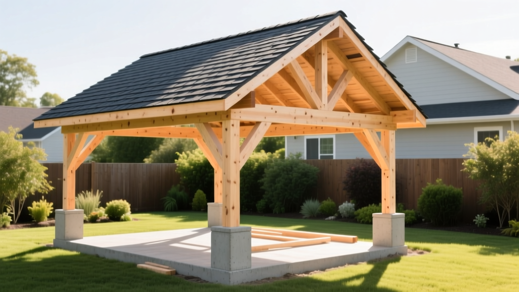 Partially built pressure-treated pine gazebo with a simple gable roof, exposed concrete footings, and stacked asphalt shingles in a sunny backyard