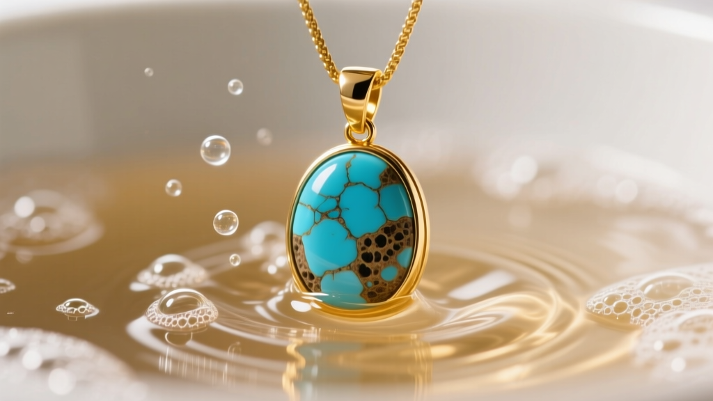 Macro shot of an ultrasonic cleaner vibrating a 14k gold pendant with a porous turquoise stone in warm soapy water, high detail