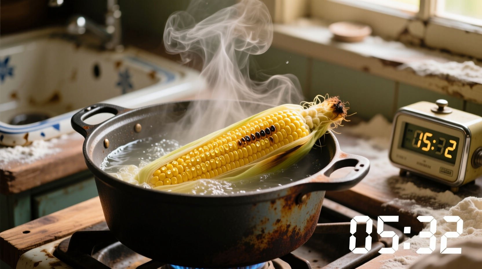 Fresh corn on cob in boiling water with timer