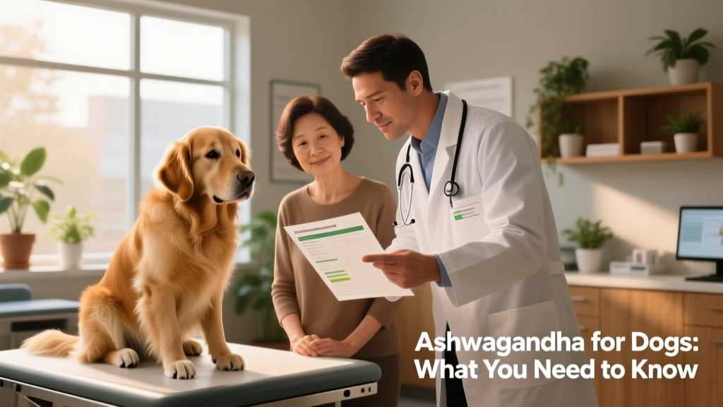 Veterinarian reviewing lab results with a pet owner while a gentle golden retriever sits nearby