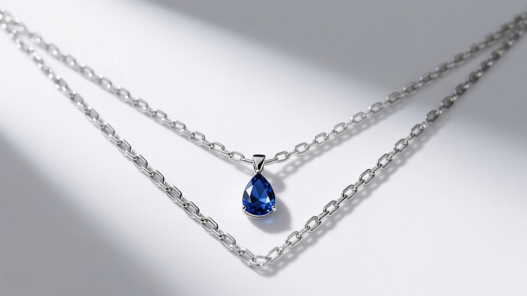 Top-down view of an 18-inch silver box chain holding a 15-gram teardrop sapphire pendant, showing the sharp V-drape angle geometry.