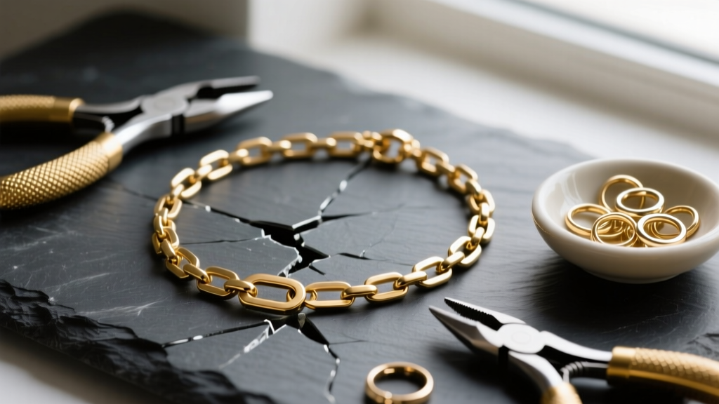 Broken gold figaro chain necklace on dark slate, surrounded by jewelry pliers and a ceramic dish of jump rings in soft light
