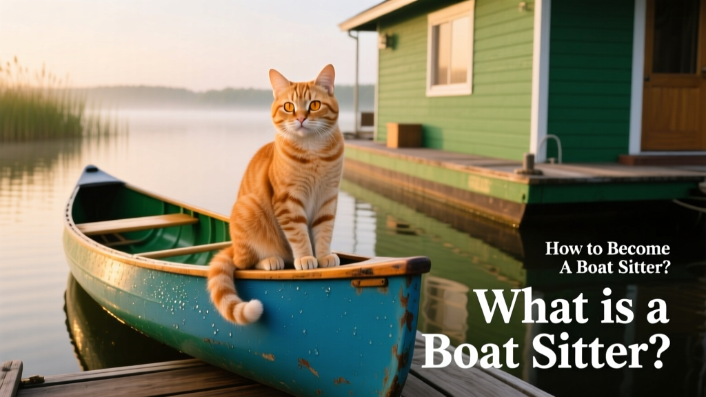 A ginger cat sitting on a blue canoe atop a green houseboat