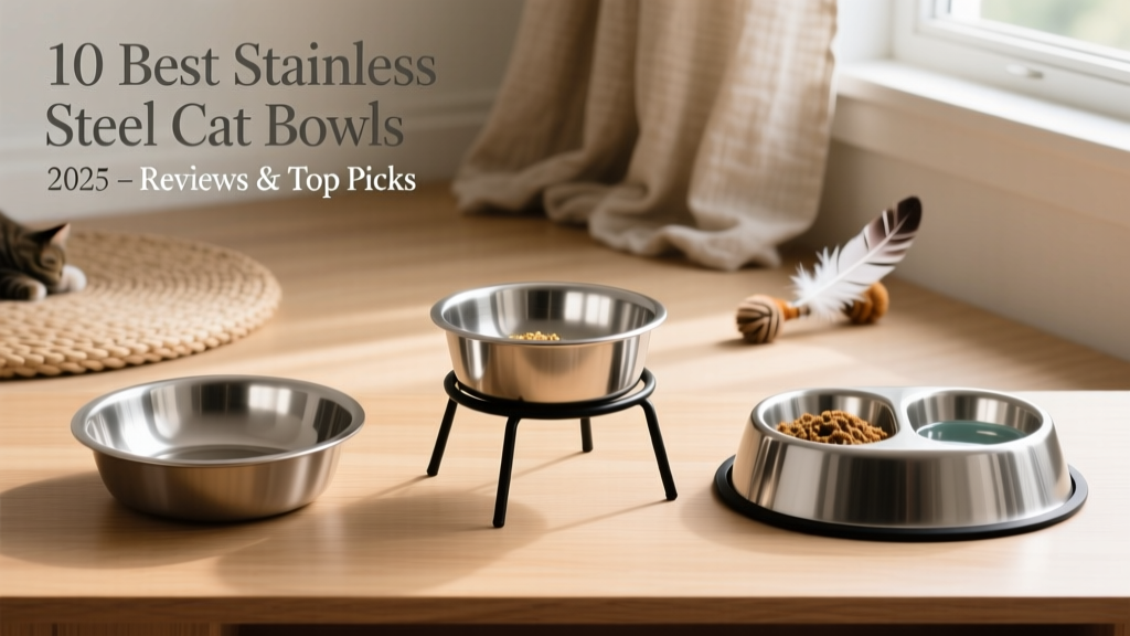 Side-by-side comparison of three stainless steel cat bowls: one shallow and wide, one elevated on a stable stand, and one dual-compartment design with separate food and water sections