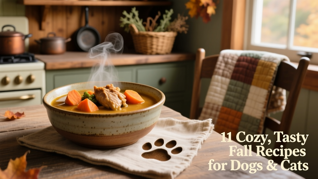 Steaming bowl of golden-brown stew with visible chunks of turkey, sweet potato, and carrots, served in a ceramic dish beside a dog’s paw