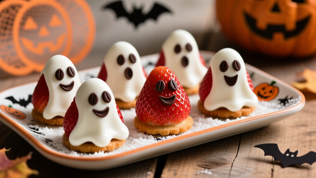 Close-up of finished strawberry ghost treats with white yogurt coating and carob chip eyes on a festive Halloween-themed tray