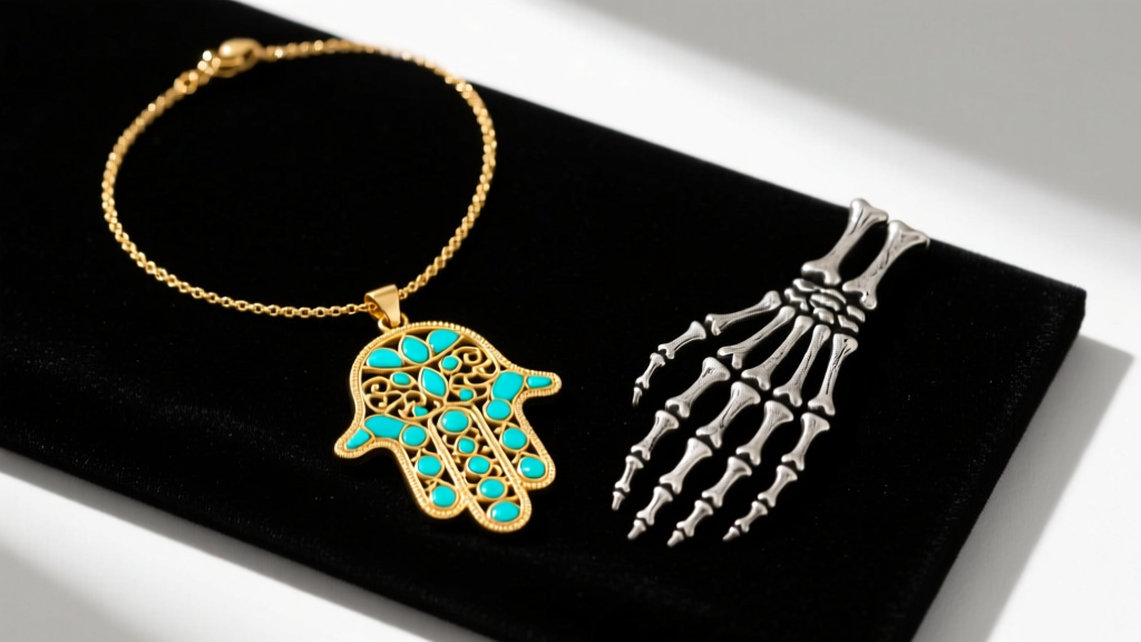 Flat lay of a turquoise-inlaid gold Hamsa hand necklace and an oxidized silver articulated skeleton hand pendant on dark velvet