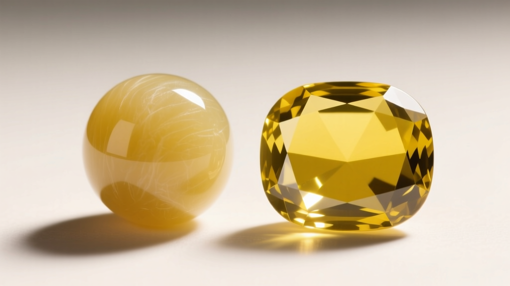 Close-up comparing buttery yellow nephrite beads and vibrant yellow jadeite cabochons to highlight differences in gemstone luster