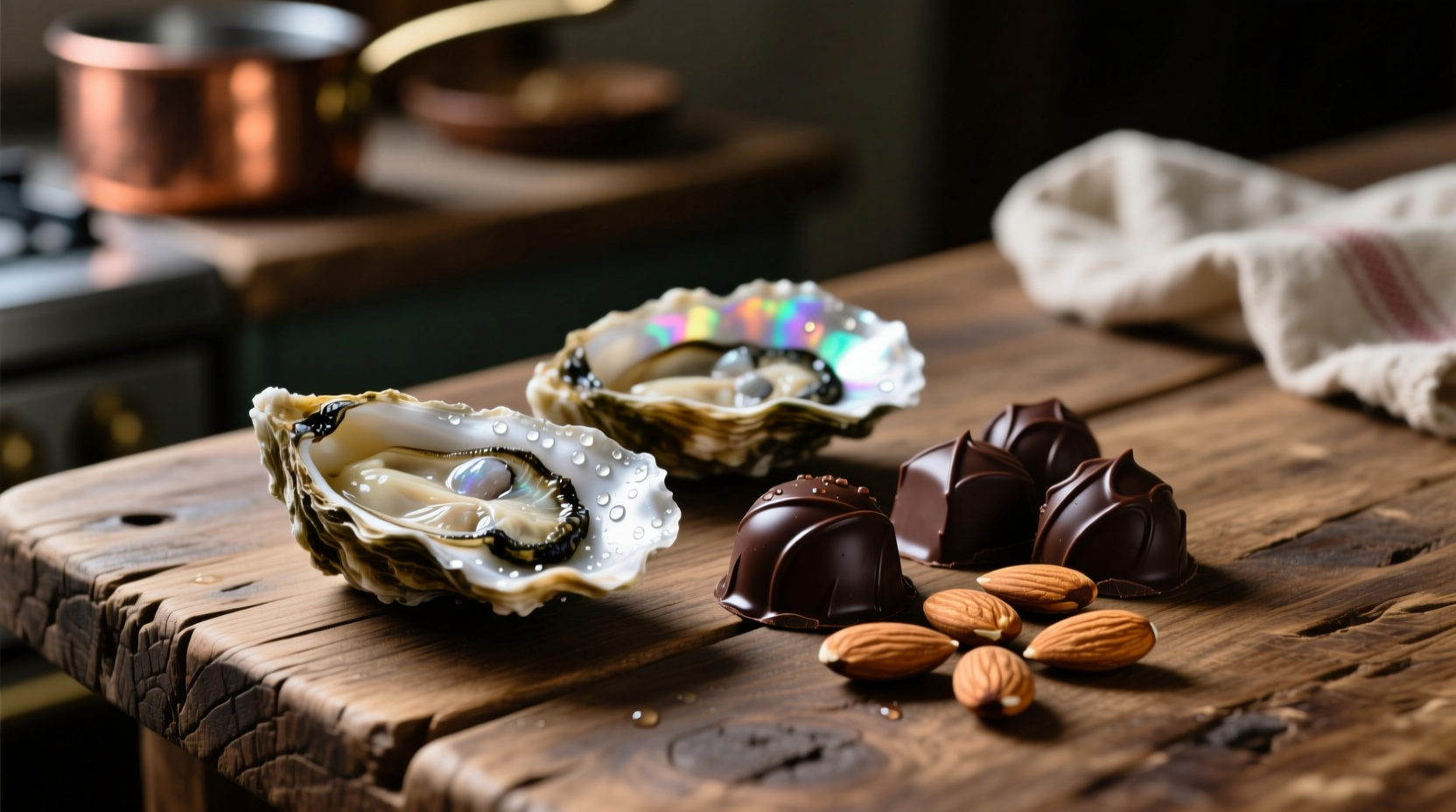 Fresh oysters, dark chocolate, and almonds arranged on wooden table