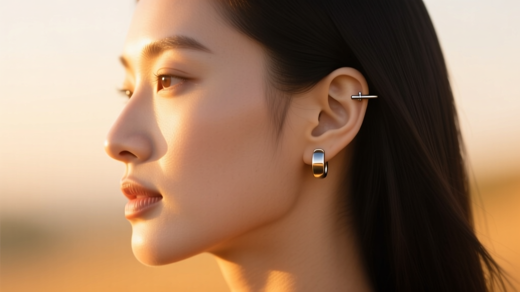 Side profile of a woman wearing a 16-gauge titanium flat back helix earring, lit by warm sunlight against a blurred background