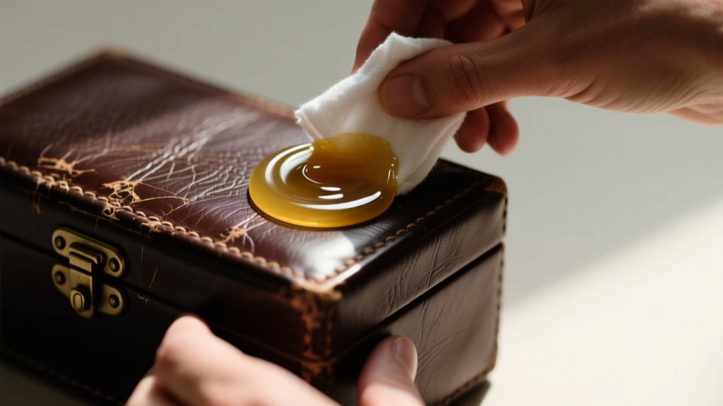 Applying microcrystalline wax to a scuffed dark brown vintage English leather jewelry box corner using a soft white cotton cloth.