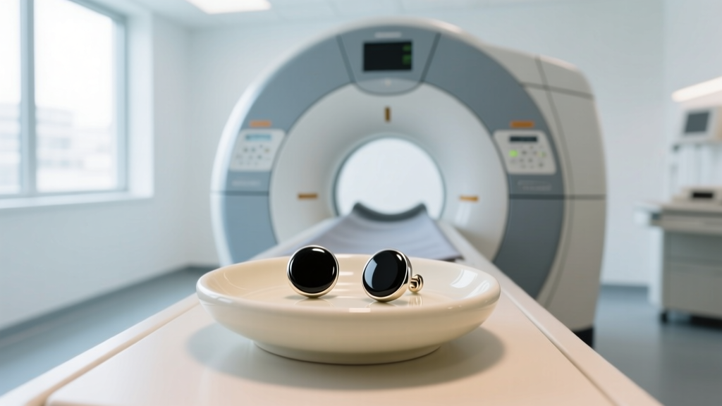 Modern MRI machine in a bright room, with a small ceramic dish on the console holding two removed magnetic wellness stud earrings