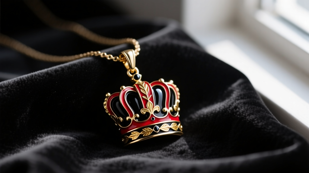 Close-up of an enameled Cult of the Lamb abnormal necklace pendant featuring the Red Crown motif, resting on a dark velvet cloth