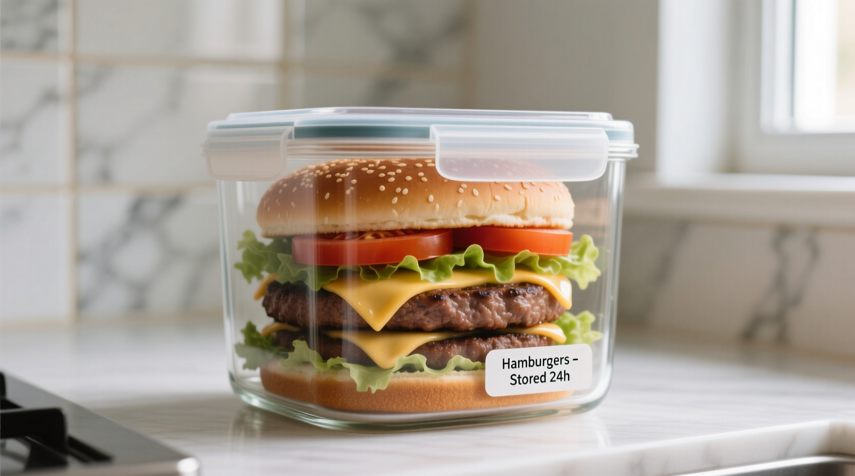 Properly stored cooked hamburgers in airtight container