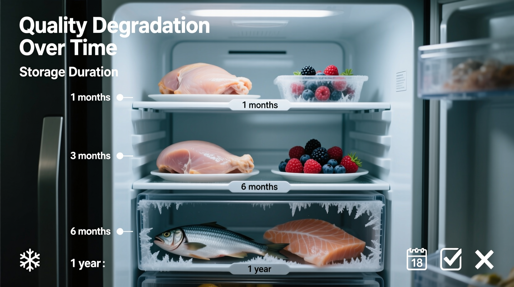 Freezer storage timeline showing quality degradation