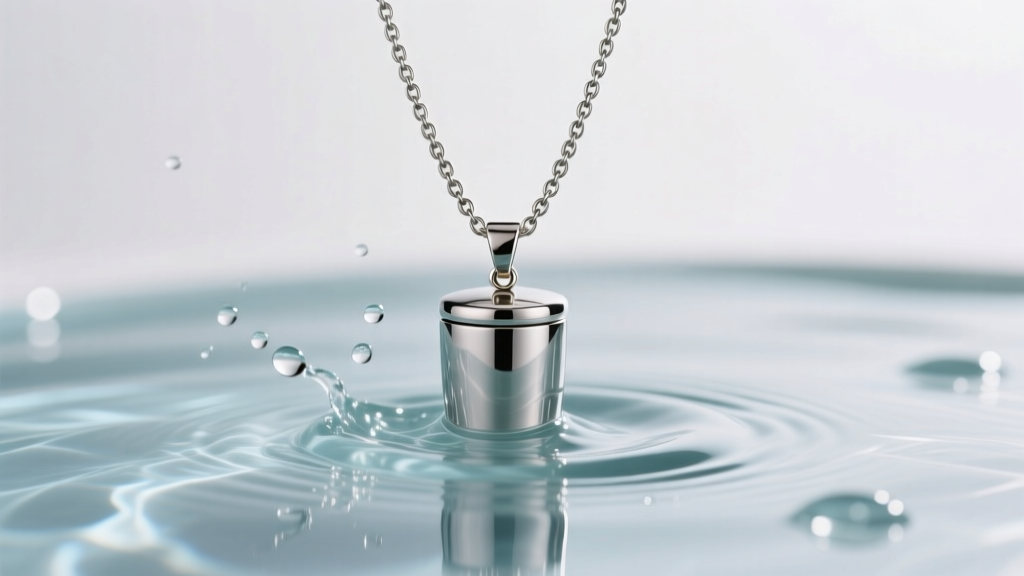 A thick 2.5mm stainless steel wheat chain attached to a titanium urn necklace for ashes, submerged halfway in clear water droplets.