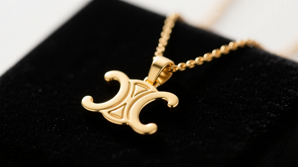 Close-up of a gold-plated Celine Triomphe pendant necklace on dark velvet, showing the logo engraving under soft lighting.