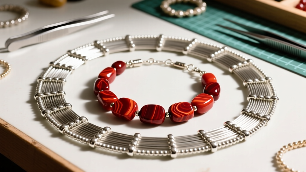 Jewelry workbench overhead view showing 49-strand beading wire, silver crimps, and a partial chunky red jasper necklace.