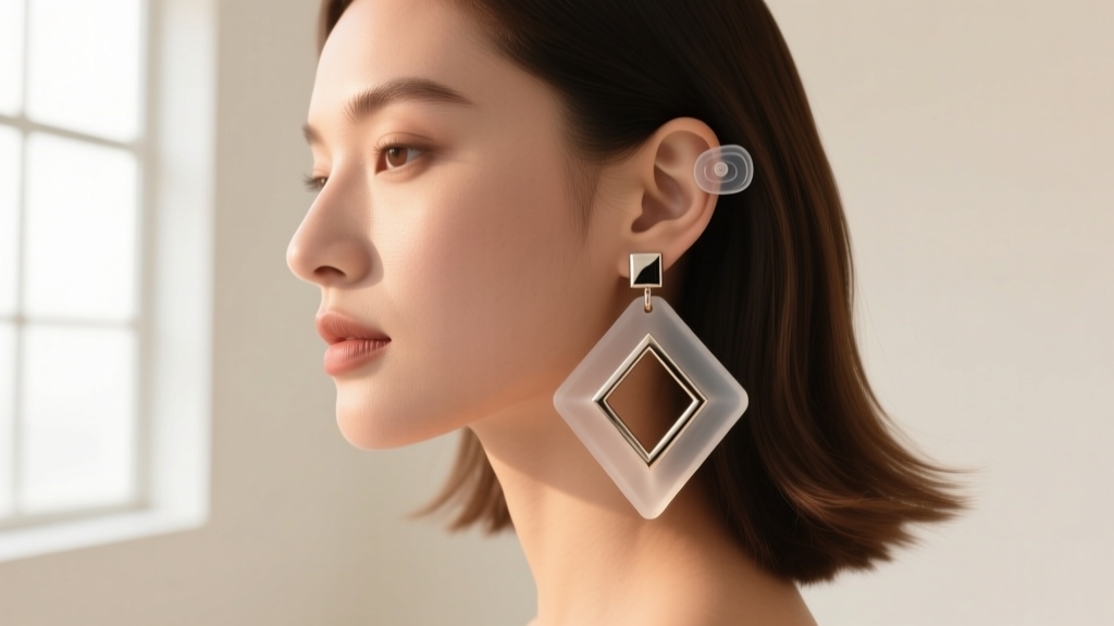 Woman wearing a heavy statement earring with a clear silicone earlobe support pad, showing how it distributes weight behind the ear