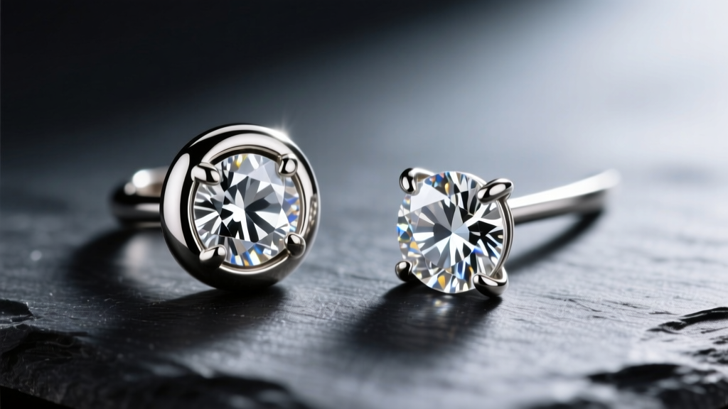 Macro photography comparing a bezel-set diamond earring and a martini prong-set diamond earring on a dark slate background.