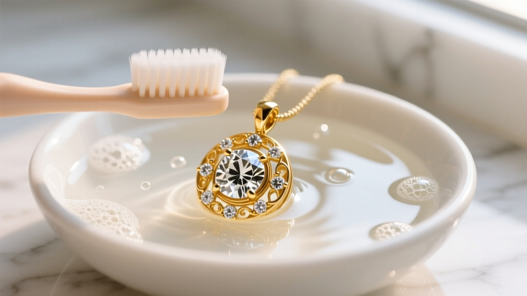 Close-up of a soft baby toothbrush gently scrubbing a gold diamond bezel pendant submerged in a small bowl of warm soapy water.