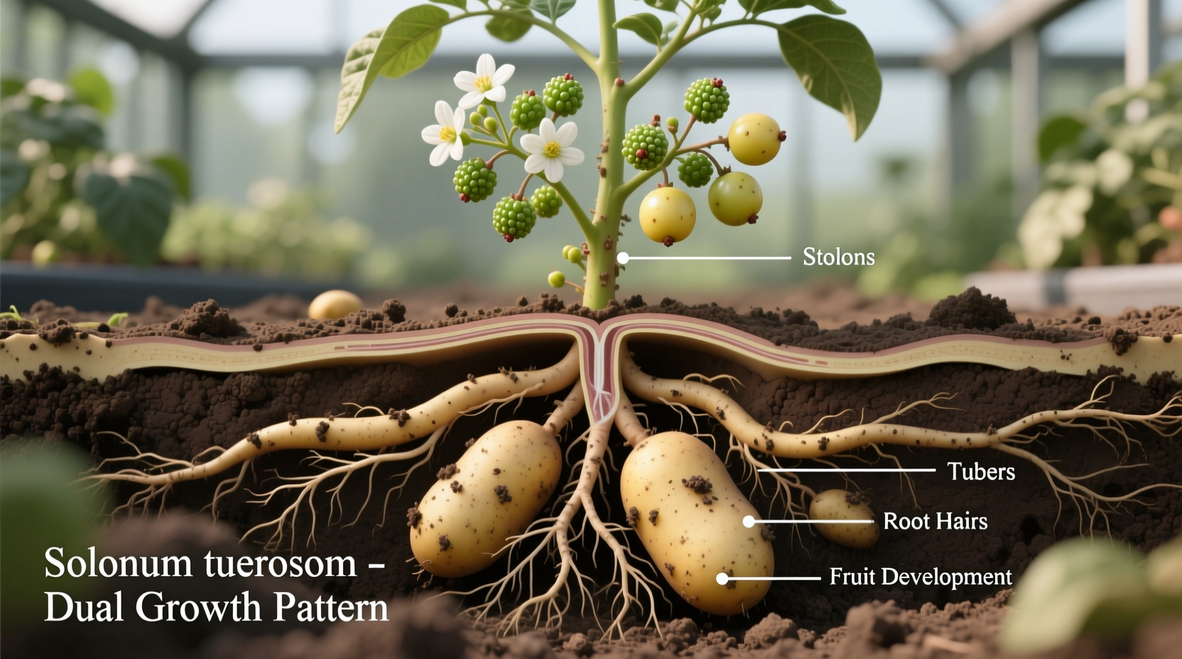 Potato plant showing tubers growing underground versus fruit above ground