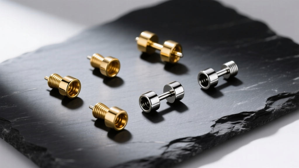 Flat lay of premium VHP piercing jewelry including gold and titanium threadless ends on dark slate stone with soft shadows.