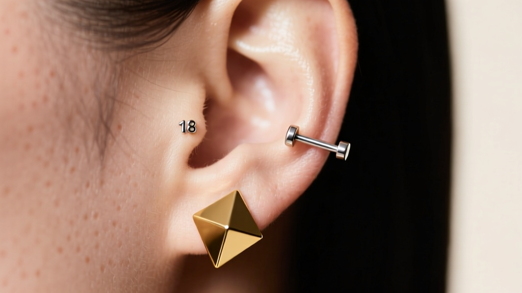 Close-up of an earlobe wearing an 18-gauge titanium stud with a geometric gold earring jacket, studio lighting, sharp focus.