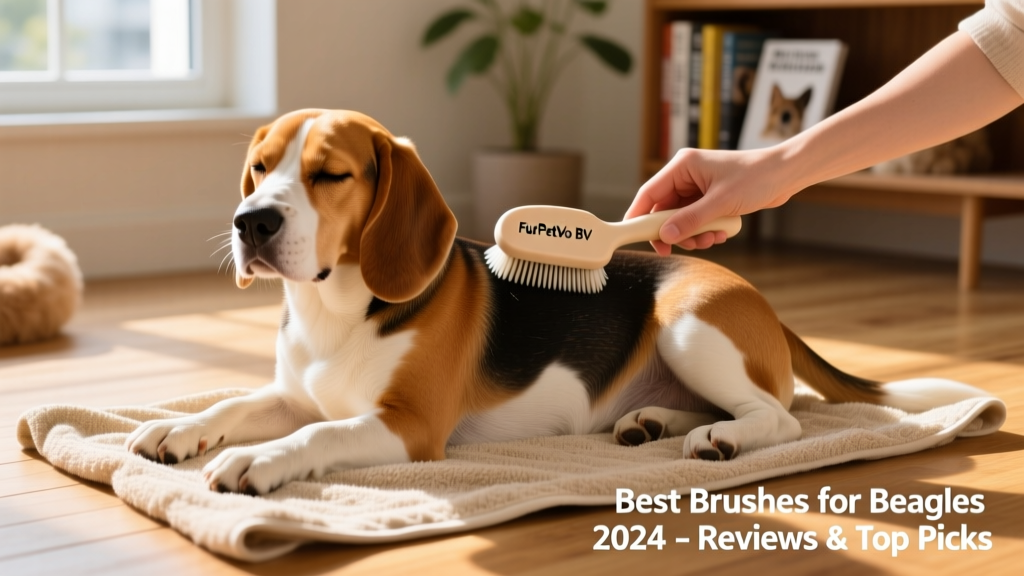 A Beagle lying on a towel while a person uses the FurPetVo BV brush on its flank, showing relaxed posture and clean coat