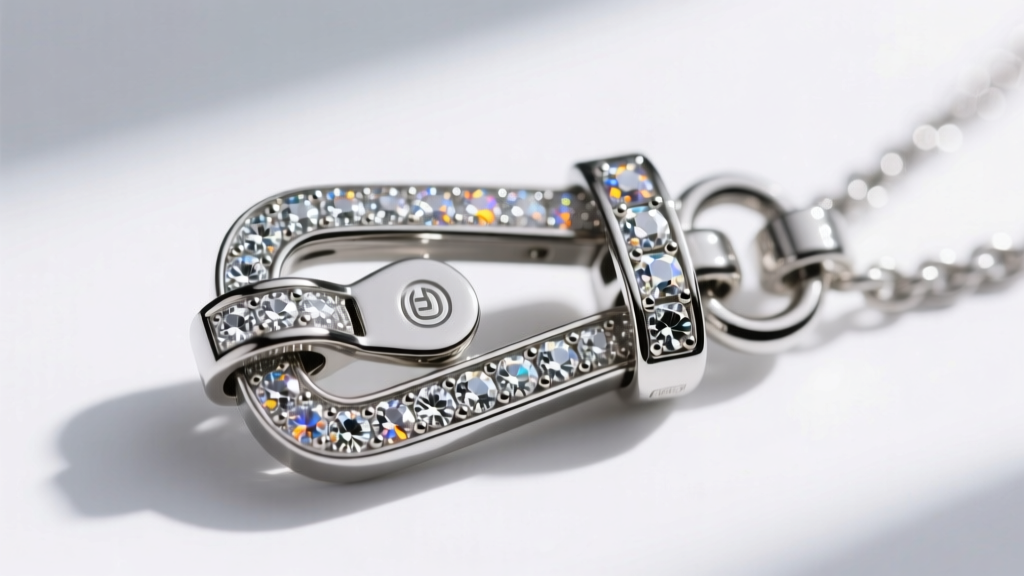 Macro shot of a moissanite-encrusted streetwear pendant box clasp with safety latch, bright studio background, sharp metal focus