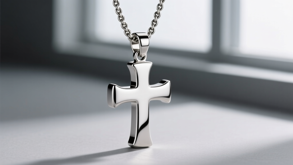 A thick 316L stainless steel cross pendant hanging on a 4mm Figaro chain, featuring a secure heavy-duty lobster clasp mechanism.