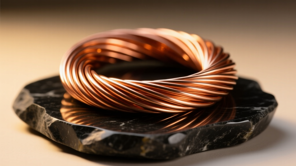 Macro shot of a 12-gauge copper wire trunk twisted into a spiral, resting on a polished dark stone base under warm studio lighting.