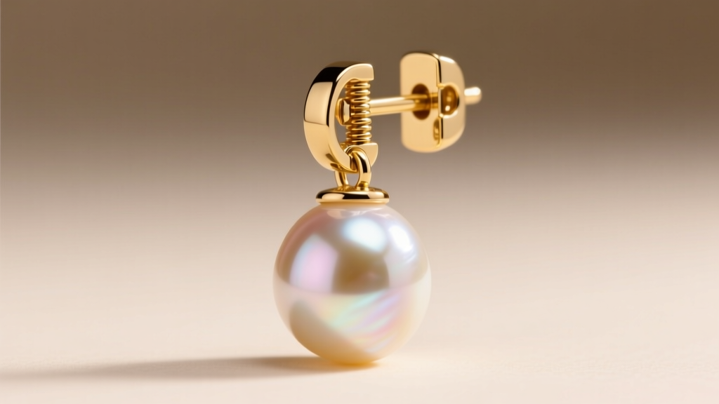 Macro photo of 14k gold la pousette earring clasp securing a heavy South Sea pearl drop, sharp focus on the mechanical lock.
