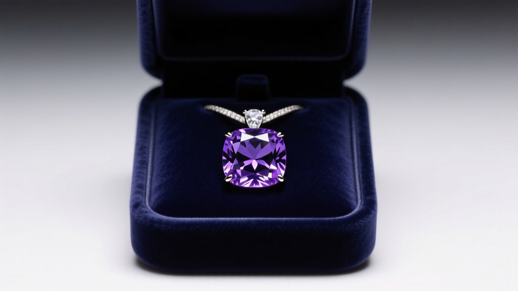 Velvet display box holding a 3-carat AAA tanzanite pendant, showcasing intense violet-purple hues under bright gallery lighting.