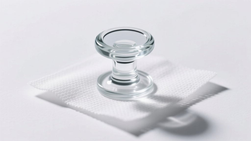 Clear borosilicate glass navel retainer with a flat disc top, resting on sterile gauze under bright, clean clinical lighting