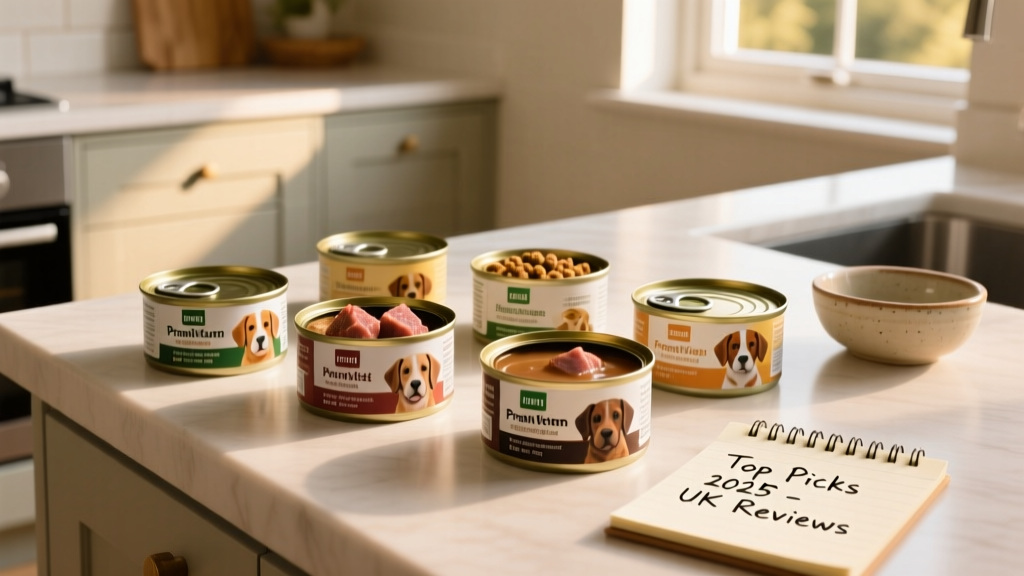A clean, well-lit kitchen counter with several open cans of premium wet dog food, each showing different textures and ingredients like meat chunks and gravy