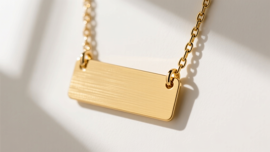 Side profile of a 1.2mm 18k gold nameplate necklace, showing structural depth and a sturdy soldered jump ring on a cable chain.