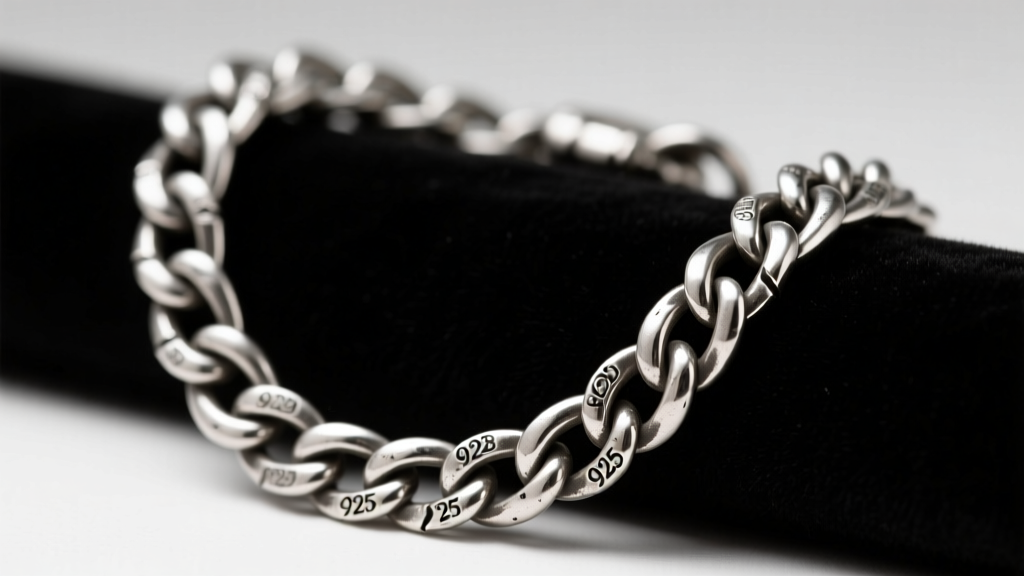 Heavy vintage 925 sterling silver curb chain on dark velvet, showing clear hallmarks and a rich, natural dark patina.