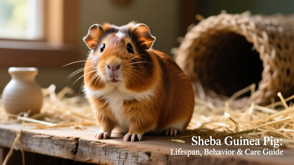 A friendly Sheba guinea pig with rich chestnut fur, tan markings on the face and belly, and bright, alert eyes