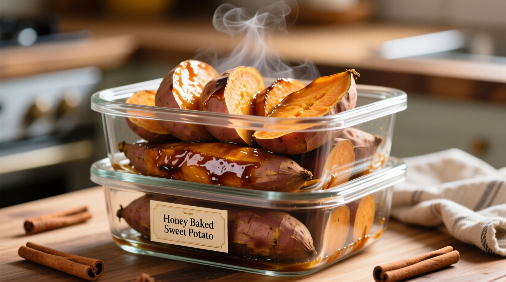 Cooked sweet potatoes in glass storage containers