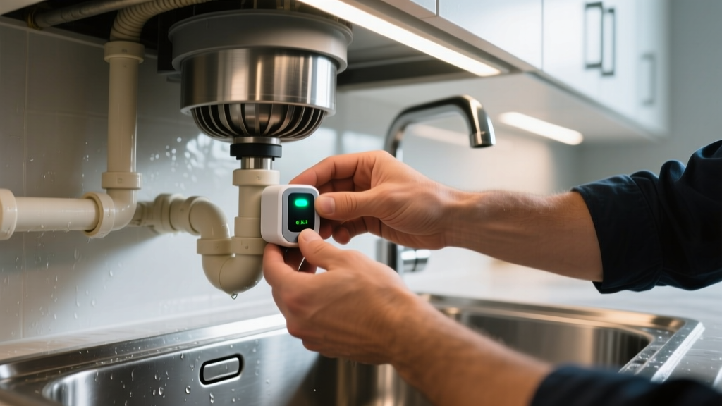Hands installing a water leak sensor under a stainless steel kitchen sink next to PVC plumbing pipes and a garbage disposal unit