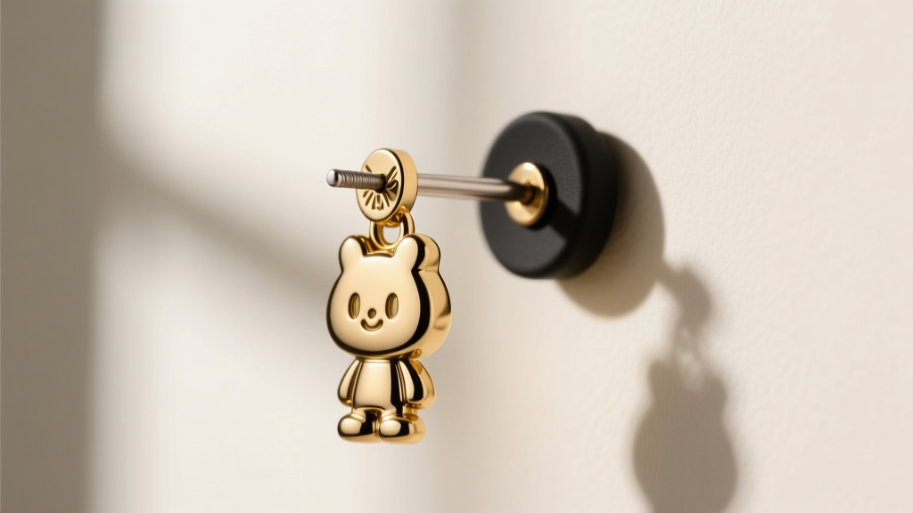 Side profile of 20-gauge titanium earring post attached to brass cartoon charm with a secure silicone friction earring back