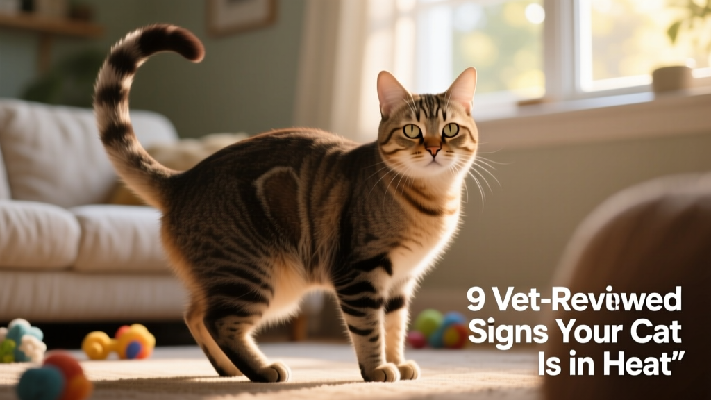 Close-up illustration of a cat in the classic mating posture: tail to the side, back arched slightly, hindquarters elevated