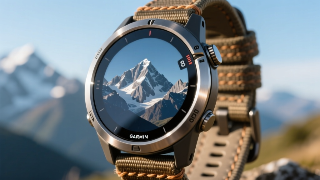Close-up of Garmin Fenix 8 sapphire crystal face reflecting mountain peaks, showing titanium bezel and rugged nylon hiking strap