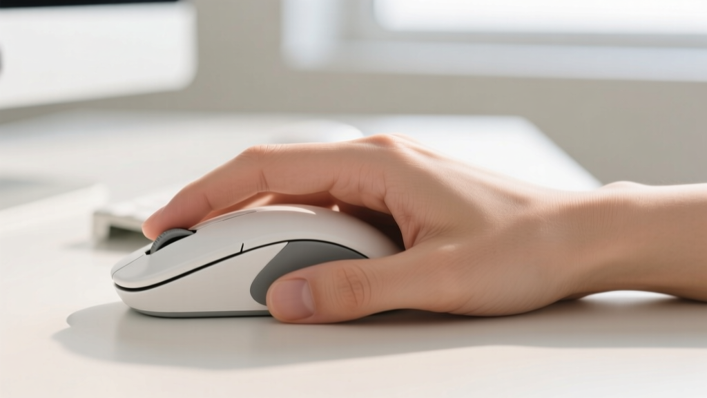Side profile of a hand resting comfortably on a 57-degree angled vertical ergonomic mouse, showcasing reduced wrist pronation for carpal tunnel relief.