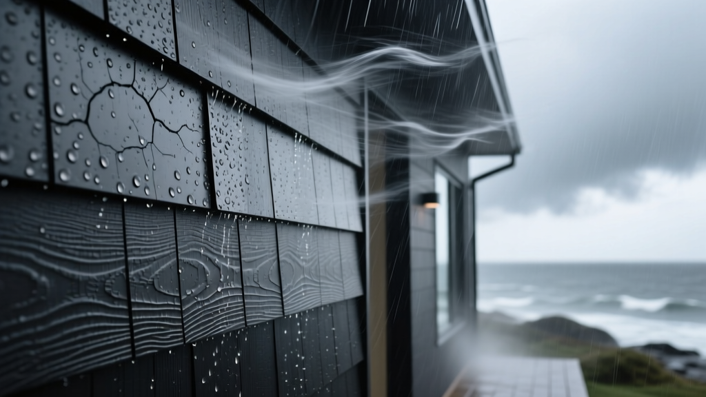 Close-up of dark charcoal fiber cement siding panels withstanding heavy rain and wind on a modern coastal home exterior