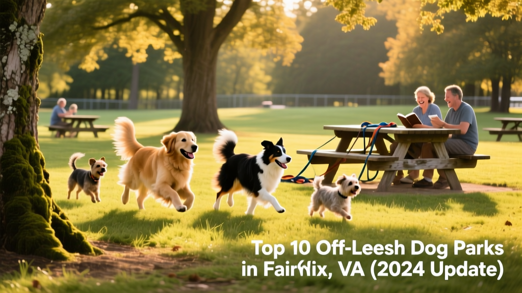 A sunny, open dog park with dogs running freely, shaded picnic tables, and wooded perimeter