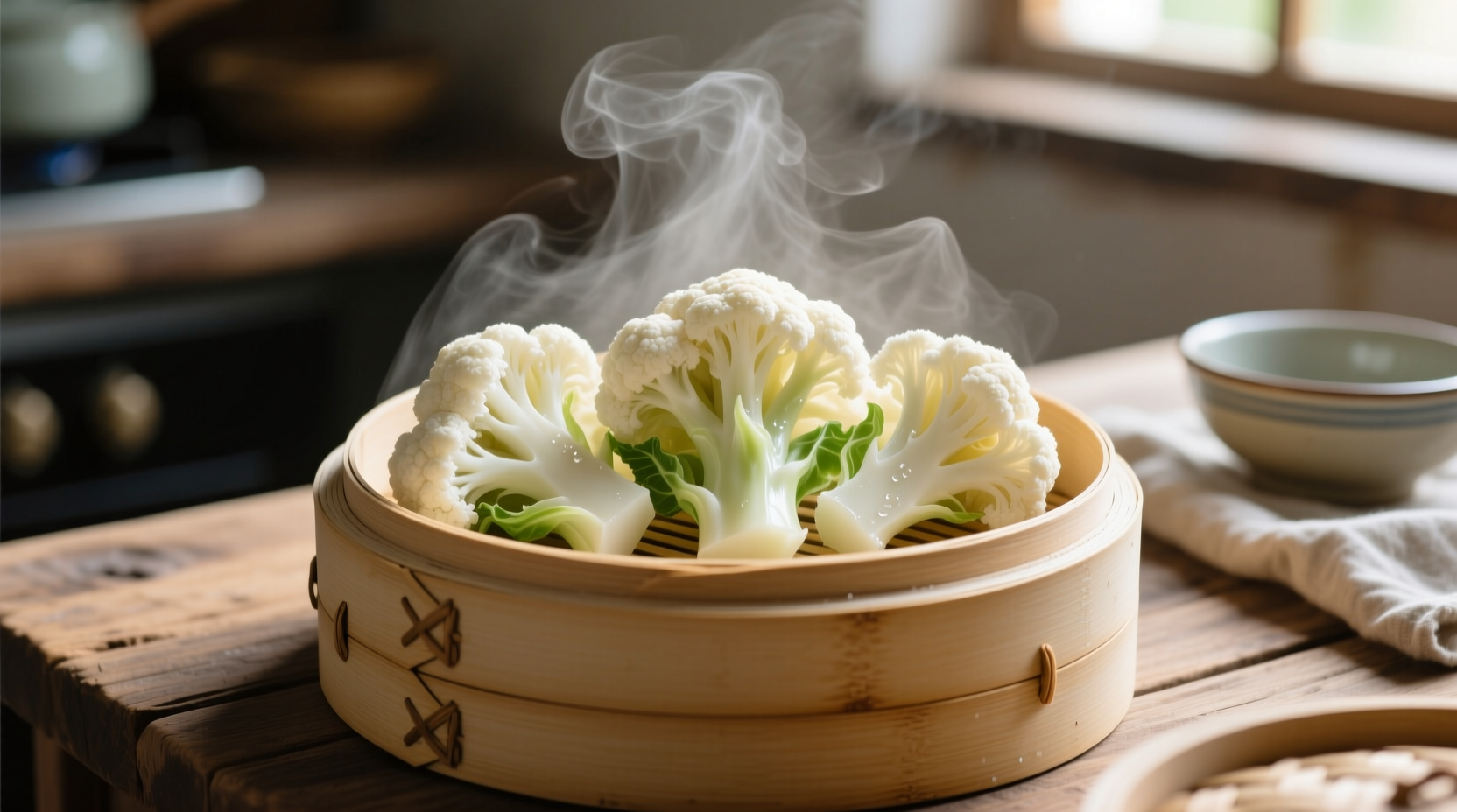 Fresh cauliflower florets in a steamer basket